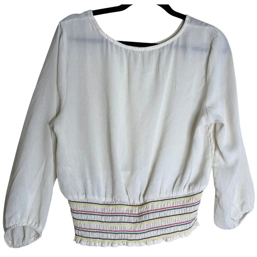 Lily White Cropped Tops Women Large White Smocked Sheer Boho Peasant Prairie
